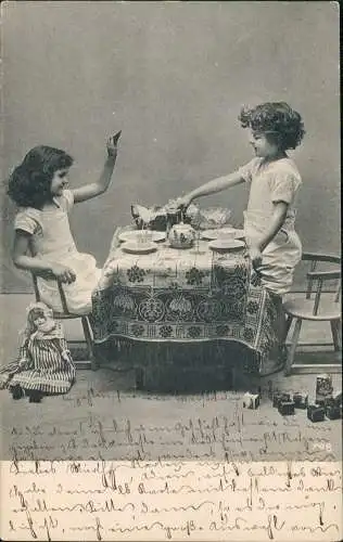 Kinder Künstlerkarte Junge und Mädchen am Kaffeetisch Puppe 1911