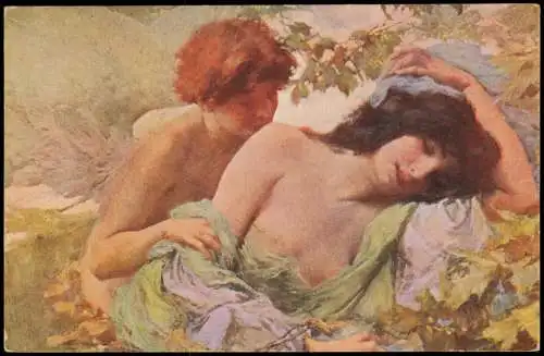 Künstlerkarte Kunstwerk Erotik nackt nude Amor und Psyche. H. Böttinger 1911