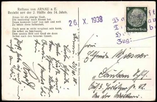 Postcard Arnau Hostinné Rathaus von ARNAU a. E. 1938