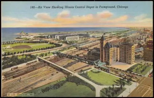 Chicago Panorama Air View Showing Illinois Central Depot in Foreground 1940