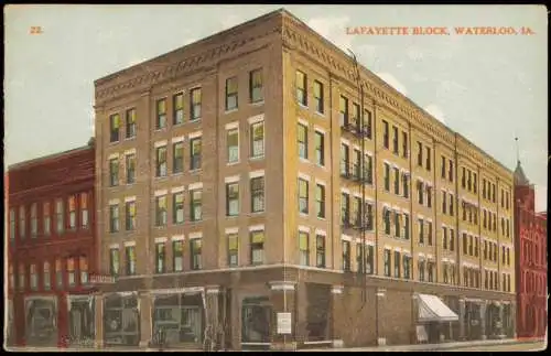 Postcard Waterloo City Street View LAFAYETTE BLOCK, WATERLOO, IA. 1910