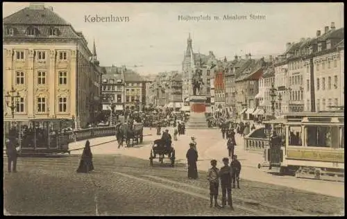 Kopenhagen København Højbroplads m. Absalons Statue, Tram Straßenbahn 1910