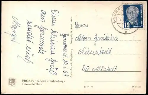 Ansichtskarte Gernrode-Quedlinburg FDGB Ferienheim Stubenberg 1953