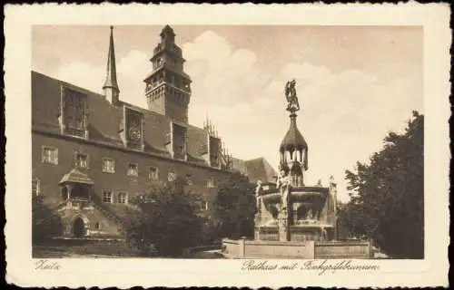 Ansichtskarte Zeitz Rathaus mit Finkgräfebunnen 1950