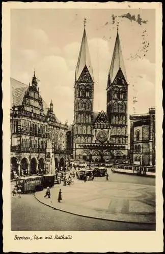 Ansichtskarte Bremen Dom mit Rathaus, Tram Straßenbahn 1951