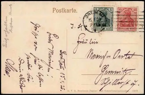 Postcard Breslau Wrocław Liebichshöhe - Rückseite 1920