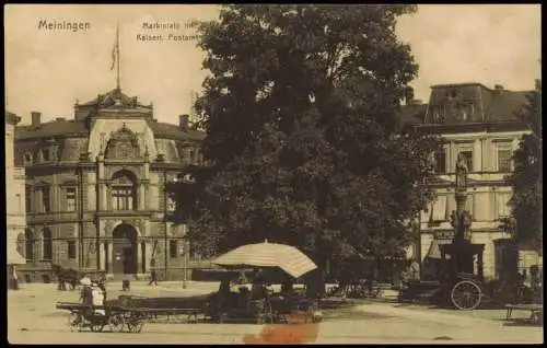 Ansichtskarte Meiningen Marktplatz Postamt Marktstände 1917