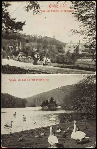 Ansichtskarte Greiz 2 Bild Arnoldstift u. Pulverturm Parksee 1918