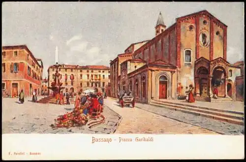 Cartoline Bassano Künstlerkarte Bassano Piazza Garibaldi 1900