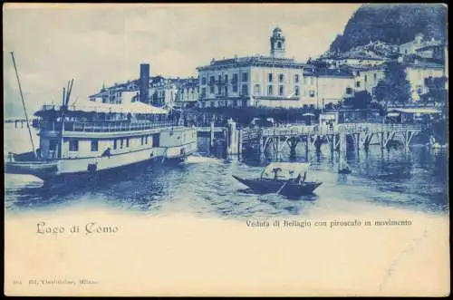 Como Veduta di Bellagio con piroscafo in movimento Schiffe Schiffsanleger 1900