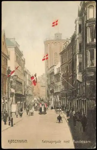 Postcard Kopenhagen København Købmagergade med Rundetaarn. 1910