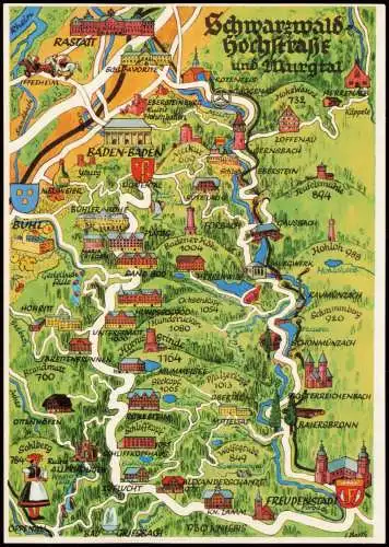 Schwarzwald Schwarzwaldhochstraße und Murgtal  Umgebungs- Landkarte  1970