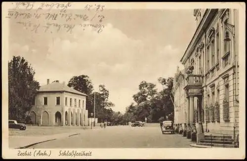 Ansichtskarte Zerbst Straßenpartie Schloßfreiheit 1942  gel. Feldpoststempel WK2