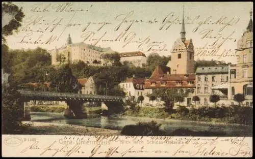 Ansichtskarte Gera Flusspartie Untermaus. Blick nach Schloss Osterstein 1905