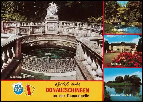 Donaueschingen Mehrbild-AK u.a. mit Donauquelle Schloßpark Schloß 1980