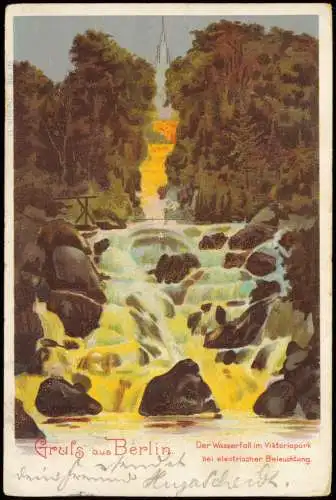 Litho AK Kreuzberg-Berlin Viktoriapark Wasserfall beleuchtet 1901