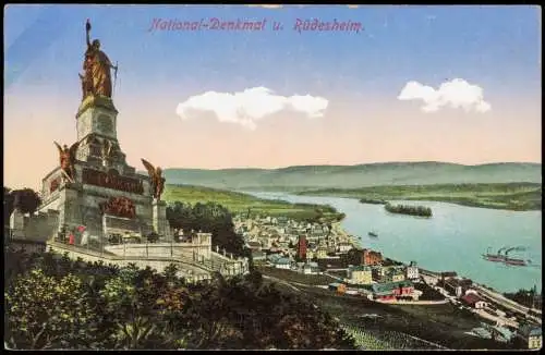 Ansichtskarte Rüdesheim (Rhein) National-Denkmal u. Stadt Künstlerkarte 1914