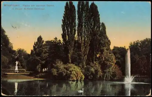 Ansichtskarte Wiesbaden Partie am warmen Damm mit Kaiser Wilhelm-Denkmal 1913