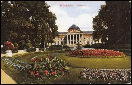 Ansichtskarte Wiesbaden Kurhaus Park mit Blumenbeeten 1927