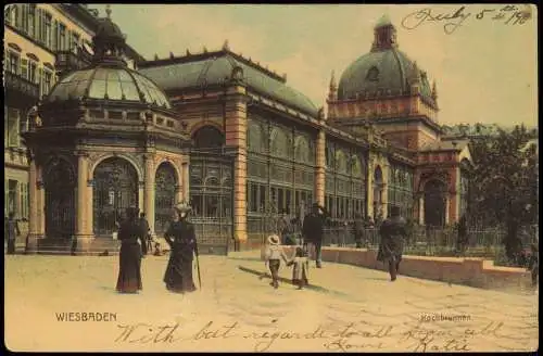 Ansichtskarte Wiesbaden Kochbrunnen 1905   gel  nach NEW YORK (Ankunftsstempel)