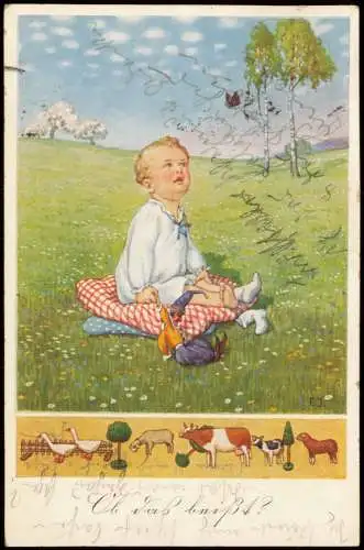 Kinder Künstlerkarte Kleinkind mit Puppe auf Decke Auf grüner Wiese 1924