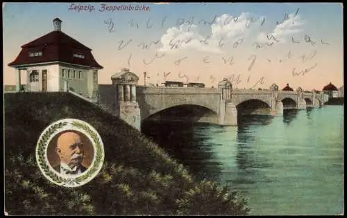 Ansichtskarte Leipzig Zeppelinbrücke Porträt Graf Zeppelin 1924