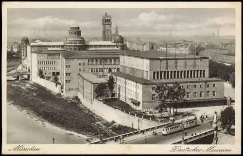 München Tram Straßenbahn auf Brücke vor d. Deutsches Museum 1937