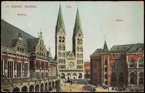 Ansichtskarte Bremen Marktplatz - Rathaus, Dom und Börse 1910