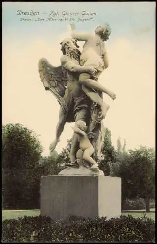 Dresden Statue: „Das Alter raubt die Jugend" Großer Garten coloriert 1909