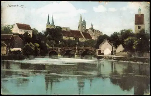 Ansichtskarte Merseburg Stadtteilansicht, Partie mit Brücke am Fluss 1910