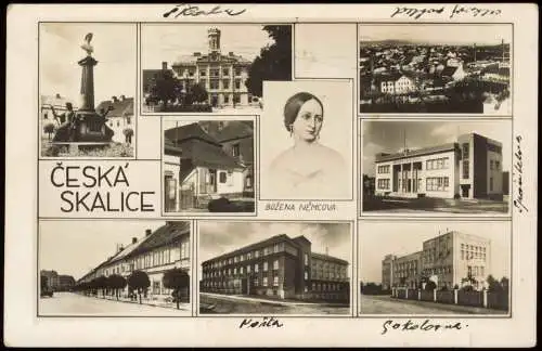 Postcard Böhmisch Skalitz Česká Skalice MB: Denkmal Schulen Markt 1936