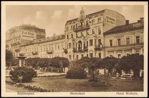 Postcard Marienbad Mariánské Lázně Schillerplatz Hotel Walhalla 1928