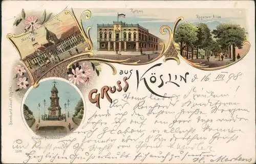 Postcard Litho AK Köslin Koszalin Markt Rogzower Allee Denkmal 1898   Pommern