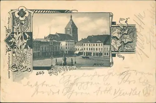 Postcard Köslin Koszalin Marktplatz Ornament 1898  gel. nach Schlawe Pommern