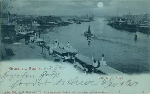 Stettin Szczecin Blick auf den Dunzig. Dampfer Mondscheinlitho 1898