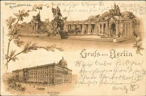 Ansichtskarte Litho AK Berlin Gruss aus Schloß Denkmal Holzimitation 1899