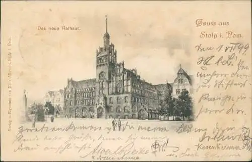 Postcard Stolp Słupsk Partie am neuen Rathaus 1899  gel n. Schlawe Pommern