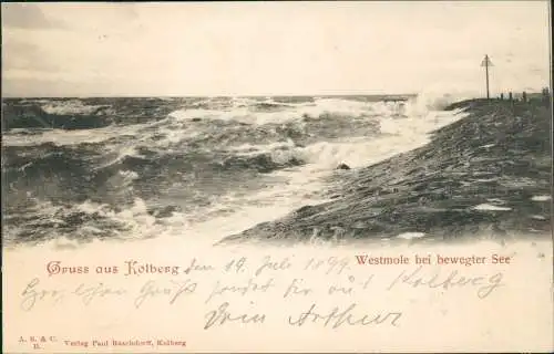 Kolberg Kołobrzeg Westmole bei bewegter See 1899  Pommern gel. Bahnpoststempel