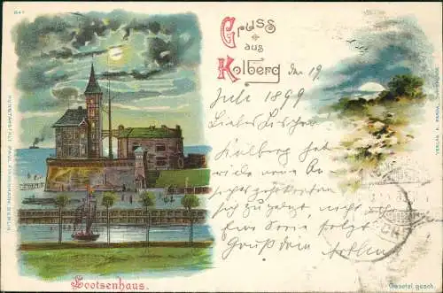 Litho AK Kolberg Kołobrzeg Leuchtturm  Mondschein Gruss aus 1899 gel. Bahnpost