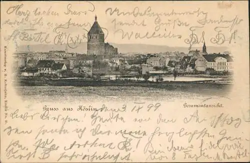 Postcard Köslin Koszalin Partie an der Stadt 1899  Pommern gel Bahnpoststempel