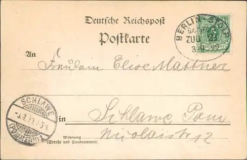 Postcard Köslin Koszalin Partie an der Stadt 1899  Pommern gel Bahnpoststempel