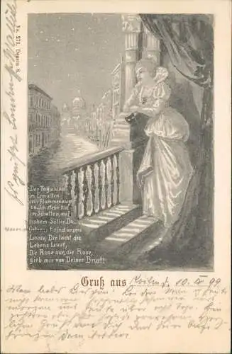 Ansichtskarte  Künstlerkarte Frau bei Mondschein Balkon Stadt 1899