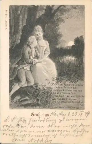 Liebe Liebespaar Love bei Mondschein Künstlerkarte 1899  Stempel Köslin Schlawe