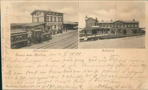 Köslin Koszalin 2 Bild Bahnhof Kleinbahn Bahnhof 1899  Pommern Bahnpoststempel