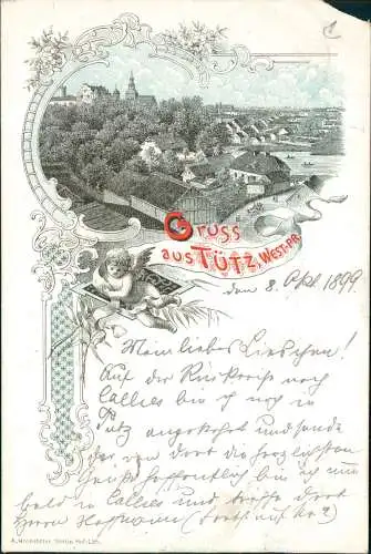 Postcard Litho AK Tütz (Grenzmark) Tuczno Stadtpartie Gruss aus... 1899