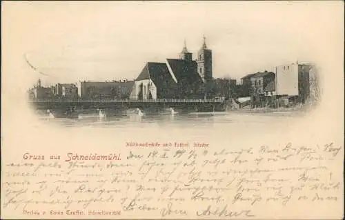 Postcard Schneidemühl Piła (miasto) Küddowbrücke und Kirche 1899  Grenzmark