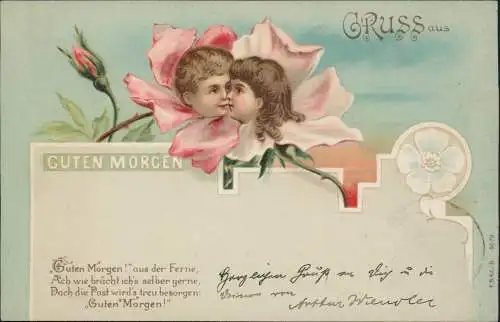 Ansichtskarte  Kinder Künstlerkarte Blüten als Köpfe Rosen Kuss 1899