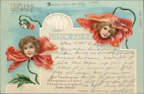 Ansichtskarte  Kinder Künstlerkarte Köpfe als Blüte Mohnblumen 1899