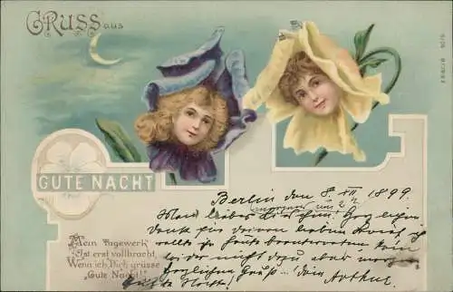 Ansichtskarte  Kinder Künstlerkarte Blumen Köpfe als Blüte 1899