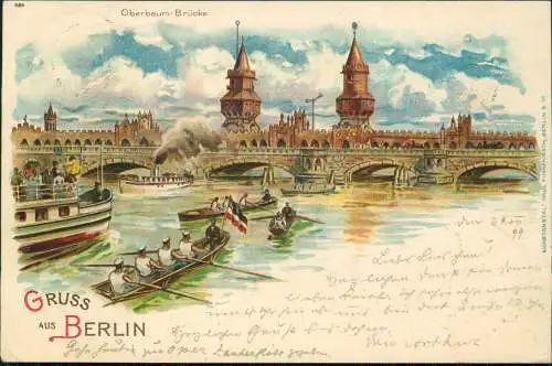 Friedrichshain-Berlin Oberbaumbrücke Ruderer Dampfer Künstlerkarte 1899